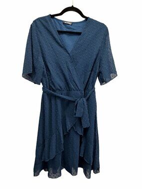 Blue Swiss Dot Wrap Dress Size Large Tie Waist Flutter Sleeve Lined Mini